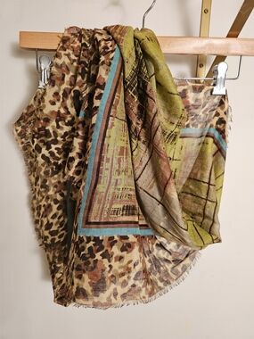 Abstract Plaid Square Scarf with Leopard Border - Green, Brown, Turquoise